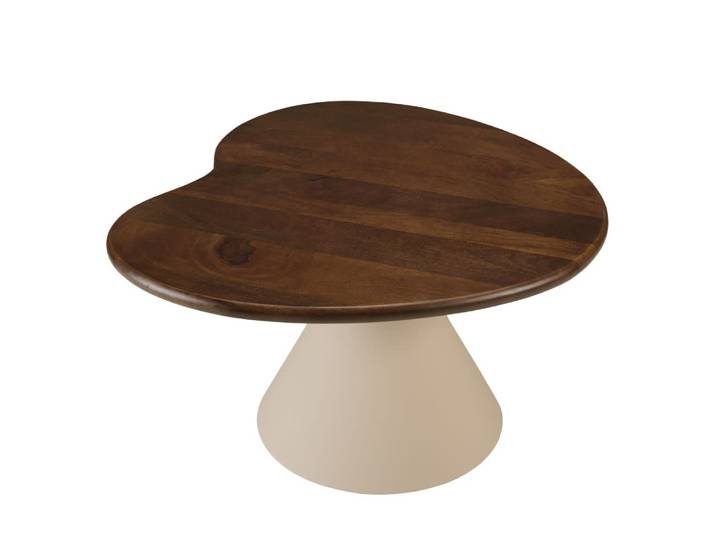 Table basse ovoïde plateau en manguier pied en métal ivoire
