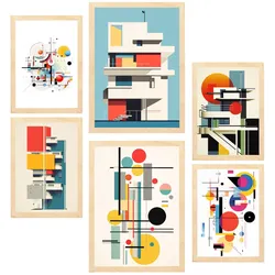 POSTER Set Mit 6 Bauhaus Dekonstruierte Architektur A3 & A4 Rahmen Aus Hellem Holz