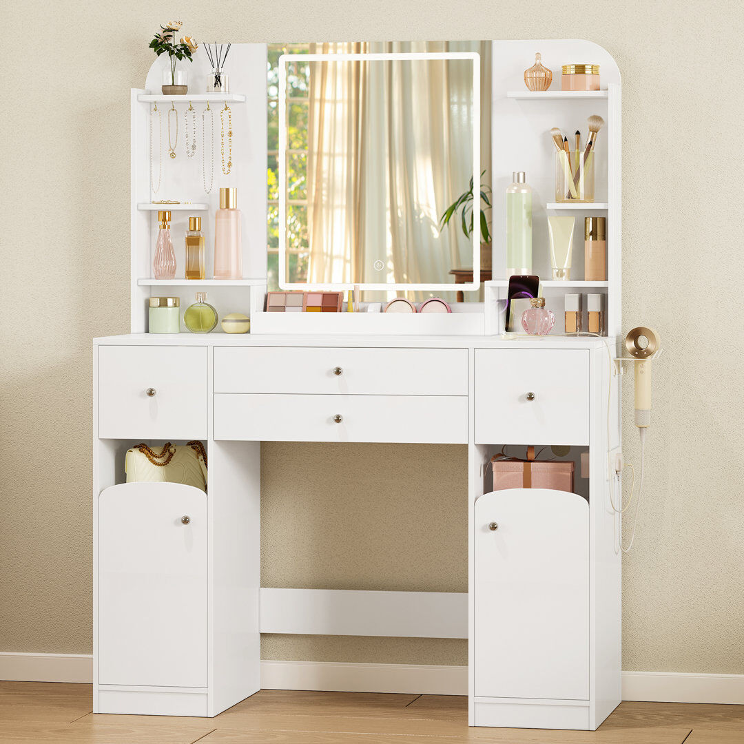 17 Stories Dressing Table with Mirror, Vanity Table with Adjustable Brightness, Power Strip, 4 Drawers and 2 Open Cabinets, 5 Jewelry Hooks, Open Compartments White 145cm H X 108cm W X 40cm D