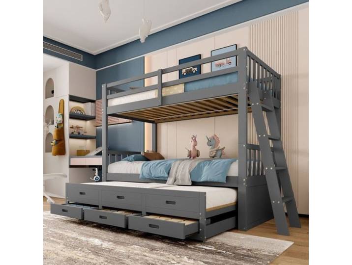Lit superposé enfant 3 couchages 90x200cm gris gigogne 3 tiroirs bois massif