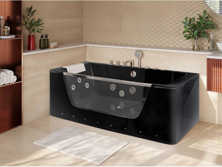 Whirlpool-Badewanne halb freistehend mit LED-Beleuchtung - Schwarz - DYONA