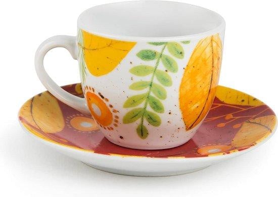 Famanu Koffiekopjes-set met porseleinen ondertassen en herfstbladeren thema, 6 stuks