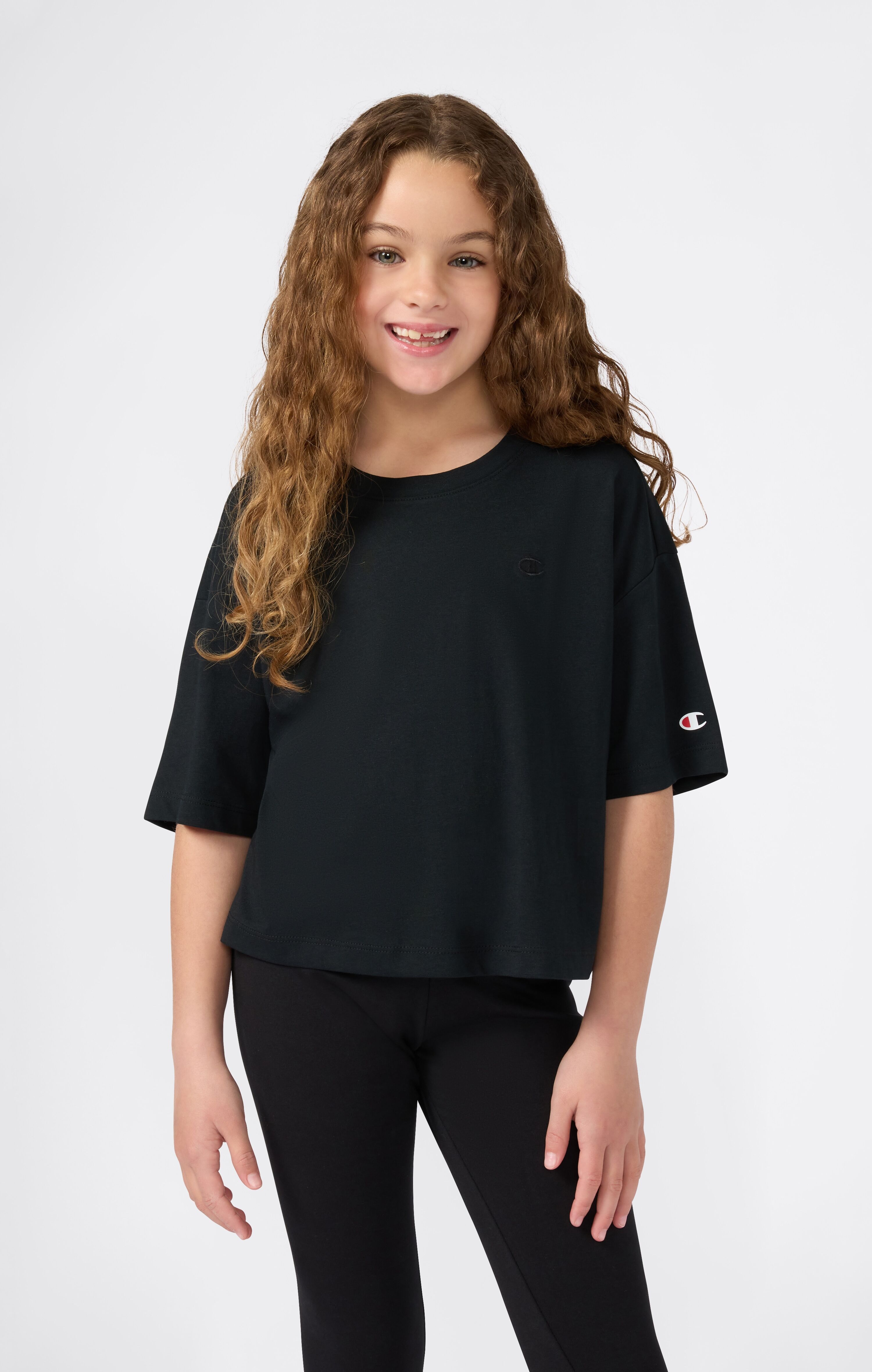 T-Shirt CHAMPION "ICONS Crewneck T-Shirt", Jungen, Gr. XL (164/170), schwarz (nbk), Obermaterial: 100% Baumwolle, Shirts T-Shirt, aus Baumwolle, neutraler Schnitt, auch in grossen Grössen nbk XL (164/170)