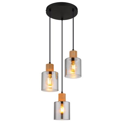 GLOBO LIGHTING Hängeleuchte "ALEIDIS", schwarz matt, 3, Ø 30cm H: 120cm, 1 Stk., Leuchten, Hängeleuchte Schwarz/Holz, Rauchglas, ø 30 cm, E27, Hängeleuchte