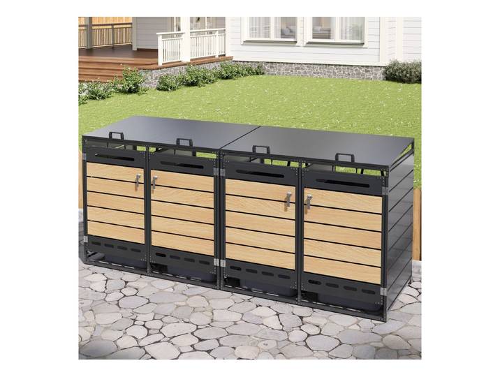 HAUSS SPOLE Mülleimer mit Pflanzkasten,Mülltonnenbox mit Schloss und 4 separate Fächer, Garten-Aufbewahrungsschrank mit Holzoptik-Leisten für Garten