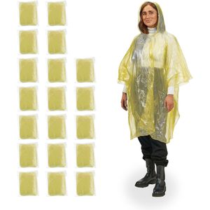 Relaxdays Regenponcho Länge 98 cm, Einweg, 20 Stück, mit Kapuze, gelb, wasserabweisend