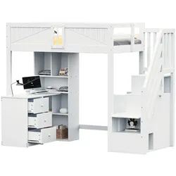 OKWISH Massivholz-Hochbett 90×200 cm mit Schreibtisch, Stauraum, Sicherheitsgitter, auswechselbarer Leiter, platzsparend, zimmer, Weiß