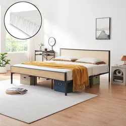 Metallbett Linköping mit rechteckigem Kopfteil und Matratze 180x200 cm Schwarz/Rattanoptik [en.casa]
