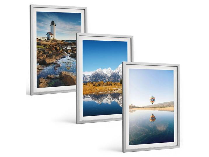 BILDER SET 3er Set - 40x60 cm Silberner Rahmen - Naturansichten, Leuchtturm, Berge, Ballonfahrt