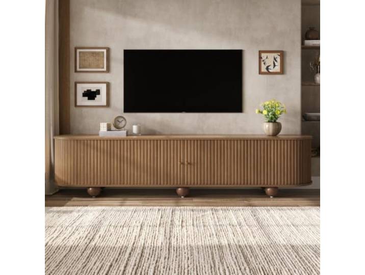 QQJIN TV Lowboard 180cm mit Schiebetüren und Lamellenrelief Robuster MDF-Korpus, abgerundete Kanten, kugelförmige Füße, Kabeldurchführung