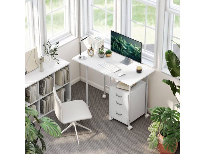 Bureau d'ordinateur pliable sur roulettes bureau avec rangement 3 tiroirs plateau extensible 105x51x75 5cm blanc