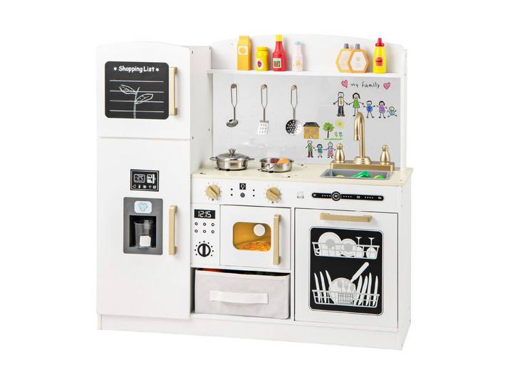 KOMFOTTEU Spielküche, mit Stoffschublade, Tafel, Geschirrspüler, Eismaschine & Mikrowelle