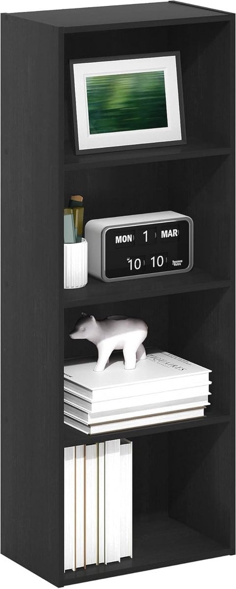 Merkloze 4-laagse open boekenkast in zwart hout met ruimtebesparend design