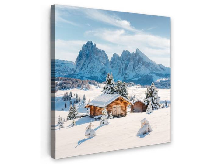 LEINWANDBILD Winter - Hütte - Berge - Aussicht - Schnee Wandbild Wohnzimmer 50x50 cm