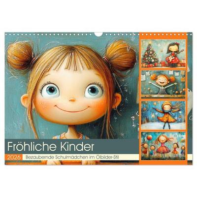 Fröhliche Kinder. Bezaubernde Schulmädchen im Ölbilder-Stil (Wandkalender 2026 DIN A3 quer), CALVENDO Monatskalender