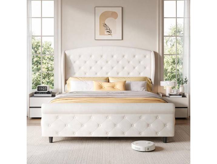 Lit 140x200 avec sommier Cadre de lit avec tête de lit capitonné lit Double Rembourré 140x200 cm avec Sommier à Lattes Velours Beige
