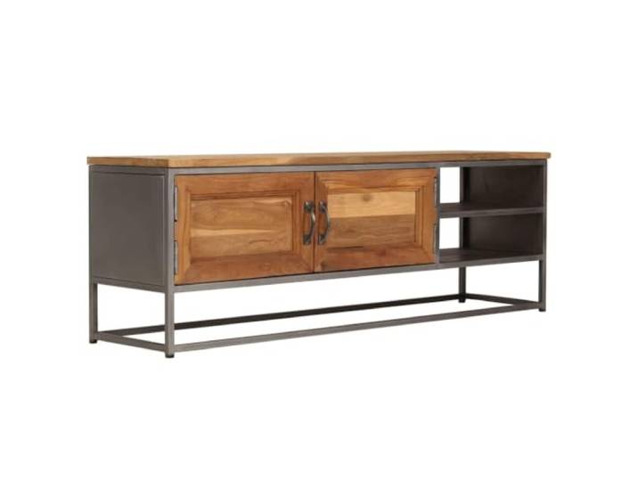 Roanoer TV-Lowboard Teakholz TV-Schrank Industrial 120x30x40 cm Rustikales Phonomöbel aus Teak und Stahl fürs Wohnzimmer. Vormontiert mit Fach und Ablagen für Multimedia-Geräte.