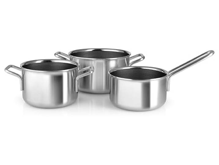 Eva Trio Multi Mosaic Topfset 3-teilig 1,8 l 2,2 l 3,6 l keramische Slip-Let®-Antihaftbeschichtung Komplettes Topfset mit drei praktischen Größen Brushed steel