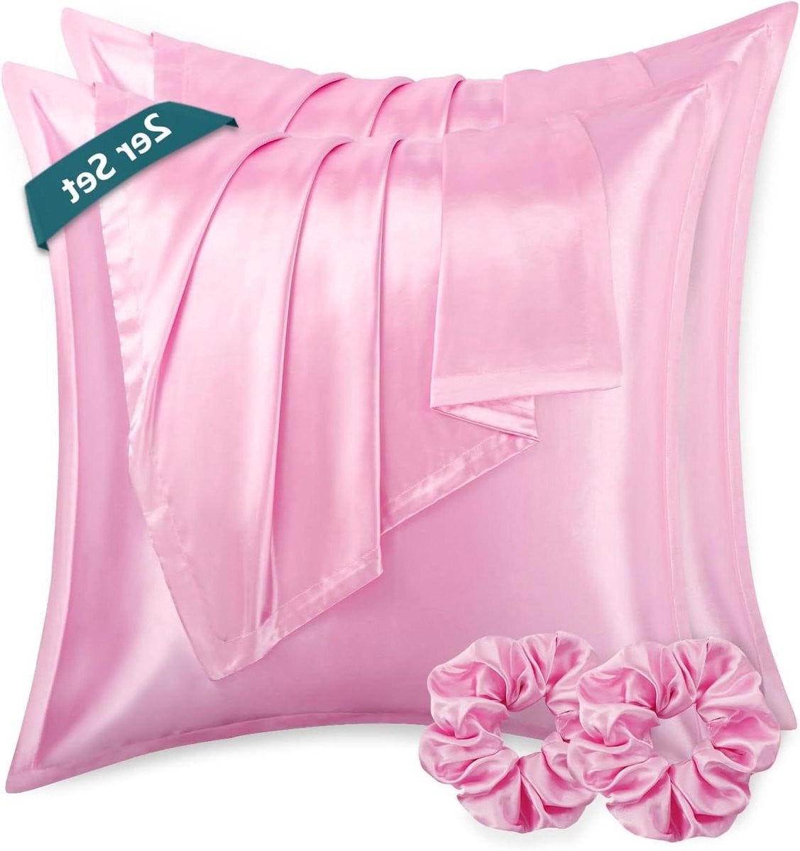 Roze Satijnen Kussensloop Set met Haarbanden - 80x80 cm