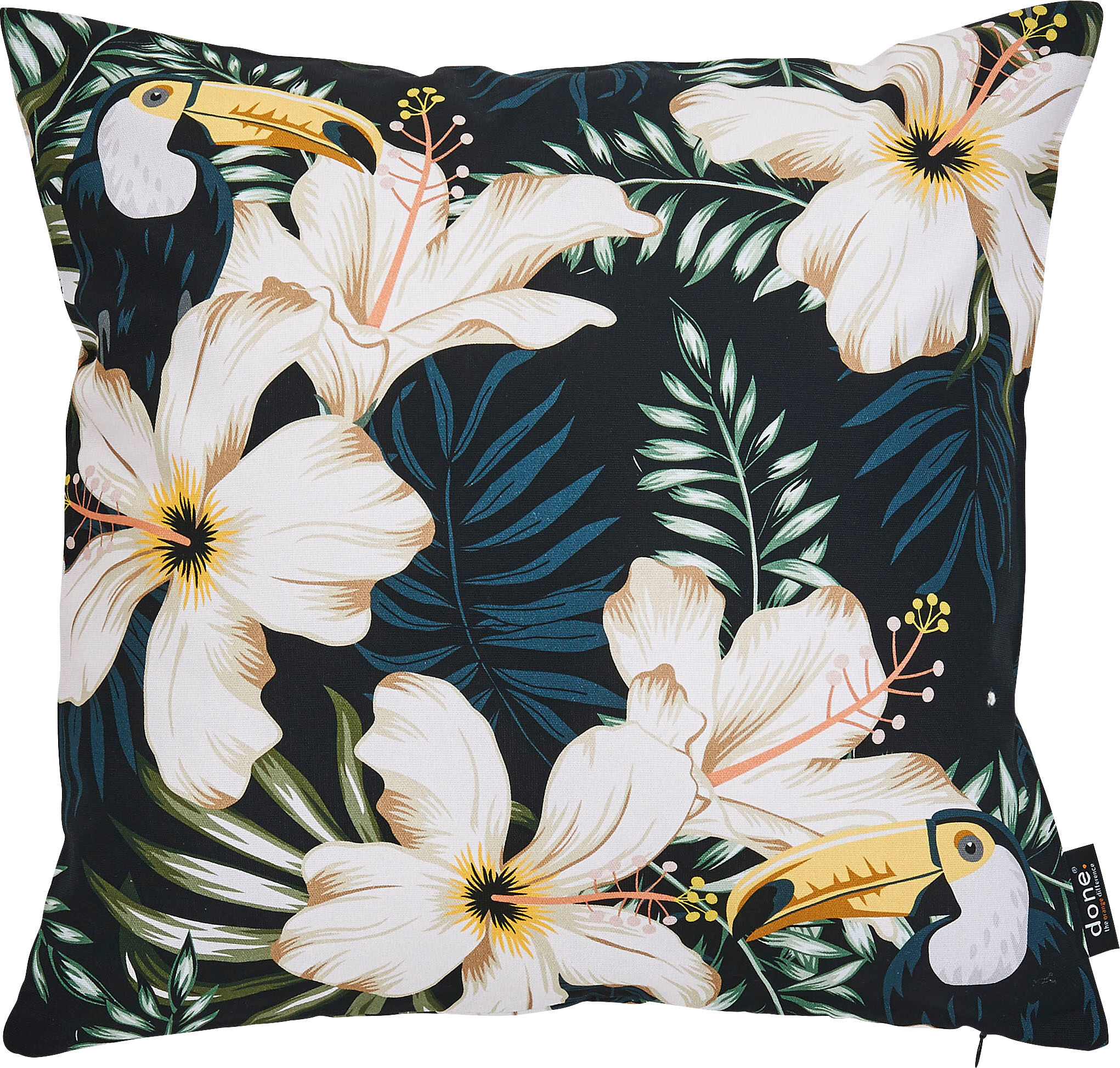 Dekokissen DONE. "Panama Print Tukan", bunt (bunt, bedruckt), B:45cm L:45cm, Baumwolle, Dekokissen_Sitzkissen_Kissenhüllen, Dekokissen, Beidseitig bedruckte Kissenhüle ohne Füllung, 1 Stück bunt, bedruckt B/L: 45cm x 45cm, 1 Stk.