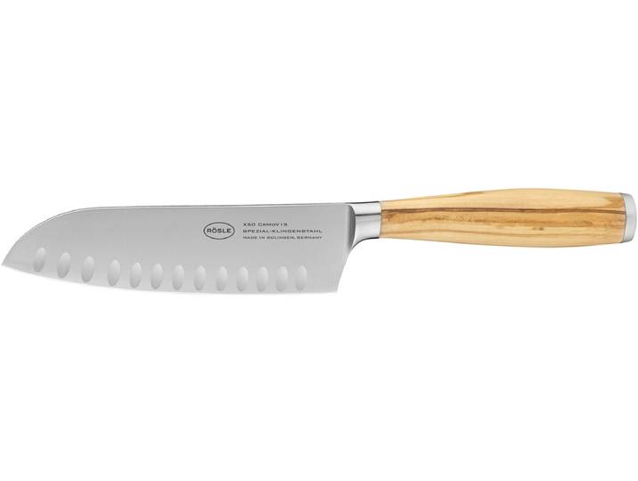 Santokumesser RÖSLE Artesano , braun (holzfarben, silberfarben), Klingenlänge 16,5cm, Olivenholz, Spezialklingenstahl, Kochmesser, Santokumesser, Made in Solingen, Kullenschliff, Klingenspezialstahl, Olivenholz
