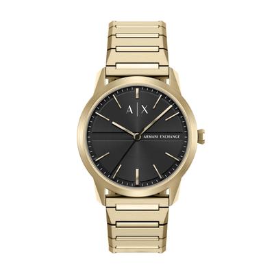 Quarzuhr ARMANI EXCHANGE, gold (gelbgoldfarben, schwarz, gelbgoldfarben, schwarz), Armbanduhren, Herren, gelbgoldfarben, Quarzuhr, Armbanduhr, Edelstahlarmband, analog