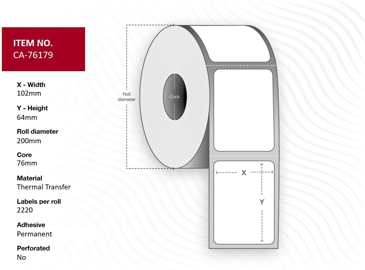 Capture CA-76179 Thermal Transfer Labels 102 x 64mm, 76mm Core, Uncoated, Permanent, No Perforation, 2220 per Roll (4 Rolls)
