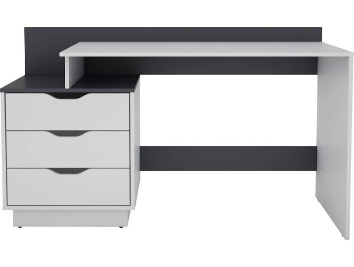 Schreibtisch BYLIVING Bern, moderner Computertisch , grau (weiß, anthrazit, weiß, weiß), B:138cm H:83,5cm T:51,6cm, Tische, Schreibtisch, mit viel Stauraum, Breite 138cm, rechts oder links montierbar