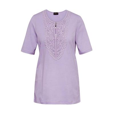 Kurzarmshirt GOLDNER "Elegantes Jerseyshirt mit Rundhals", Damen, Gr. 42, lila (pastelllila), Obermaterial: 92% Baumwolle CO. 8% Elasthan EL., Tubular, Shirts, Effektvolle Häkelspitze