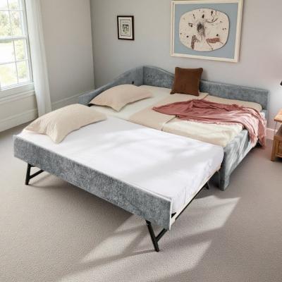 Full Size Daybed with Pull-Out Trundle, Curved Rounded Edge Backrest Sofa Bed,Built-in USB Charging