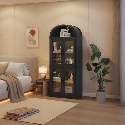 Garvee Arched 6-Shelf Bookcase with Glass Doors, Modern Wooden Display Cabinet for Living Room