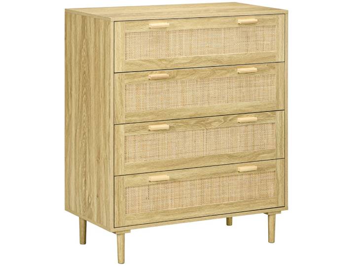 Commode 4 tiroirs style bohème chic cannage rotin aspect chêne clair