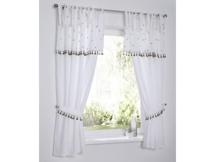 Vorhang KUTTI Honey, 1 Stück, Bindebänder, blickdicht, gestickte Bienen Gr. 1, beige (natur, weiß), B:90cm H:145cm, Baumwolle, Gardinen, Vorhang, Scheibengardine mit Raffhalter, Baumwolle, bestickt, Quasten, Bienen
