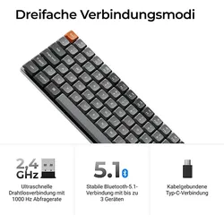 KEYCHRON K3 Max - QMK/VIA Kabellose Low Profile 75%, Mac/Win/Linux, deutsches Layout, Tastatur, Mechanisch, kabelgebunden und kabellos, Grau