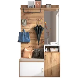 OKWISH Kleiderschrank mit Spiegel und Stauraum – Schuhregal für 9–12 Paar, Garderobe mit Kleiderhaken, Flurmöbel in Weiß und Holz, 105x40x190 cm