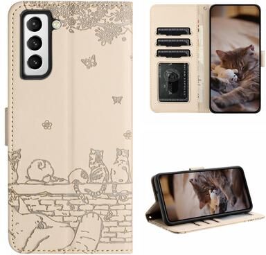 Inspired Deals Cute Cat Embossed Wallet Phone Case For Samsung Galaxy With Card Holder And Lanyard For Samsung Galaxy S22 beige