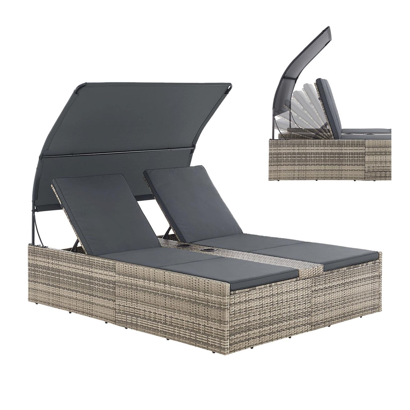 Juskys Polyrattan Doppelliege Syros - Outdoor Liege mit Dach & Auflagen - Sonnenliege Grau-meliert