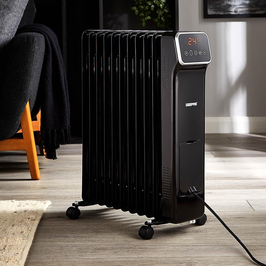 GEEPAS Oil Filled Radiator Heater   Portable Electric Heater 3 Heat Settings   Adjustable Thermostat Safety Cut-off Overheat Protection Energy Efficie White - Manual 64cm H X 44cm W X 24cm D