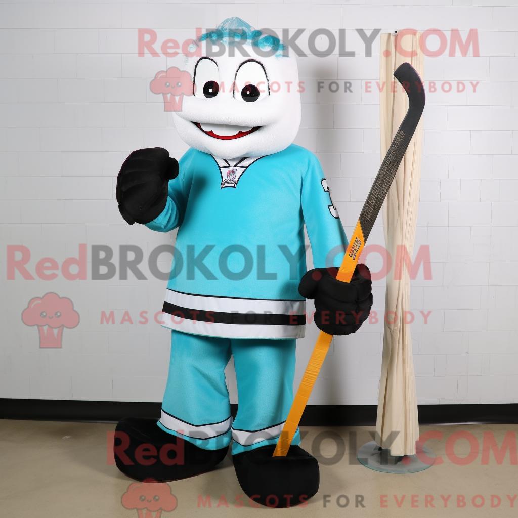 Maskottchen REDBROKOLY eines cyanfarbenen Eishockeyschlägers mit Tanktop und Krawattennadeln