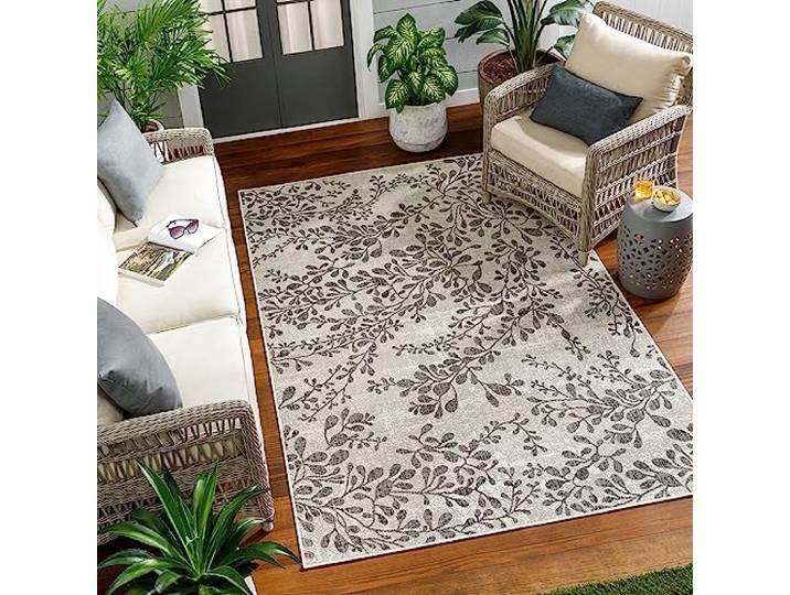 Livabliss Serik Outdoor wetterfest - In und Outdoor für Balkon 160x213 cm, Terrasse, Garten, Küche - e Boho Style für draußen - Elfenbein und Holzkohle