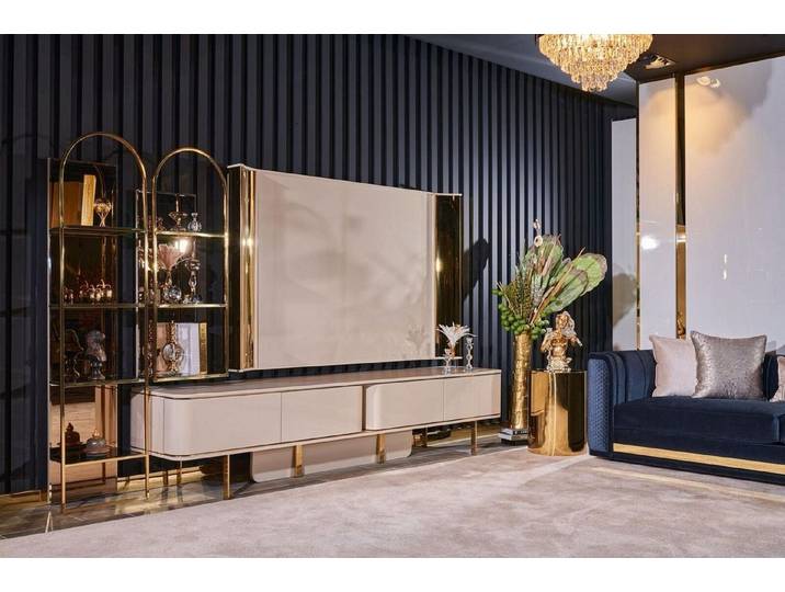 JVmoebel TV-Wand Luxus Lowboard aus Holz in Beige für stilvolles Wohnen, (4-St., 2x Sofa / 2x Sessel / TV-Ständer / TV Rama /Couchtisch/ 2x Regale), Made in Europa