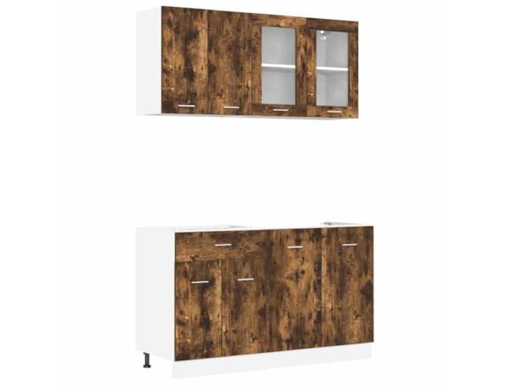 IBUQDDV Kücheneinheit Lyon 4 STK. Geräucherte Eiche Holzwerkstoff Schubladen, Regale, geschlossene Fächer, verstellbare Füße, Glastüren, Spülenunterschrank, wandmontiert