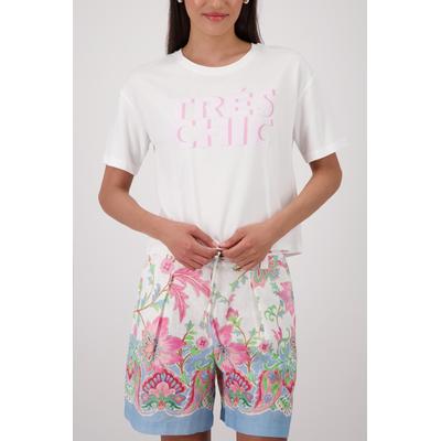 Rundhalsshirt MONARI "Shirt Schrift", Damen, Gr. 46, weiß (ecru rosa gemustert), Web, Obermaterial: 50% Baumwolle, 50% Modal, gemustert, mehrfarbig, regular fit taillenbedeckt, Rundhals, eingesetzt abgesteppte Kante, Shirts Rundhalsshirt, mit...