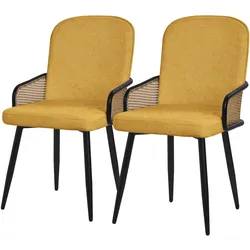 ESSZIMMERSTÜHLE 2er Set Senf mit Stoffbezug Rattan Optik