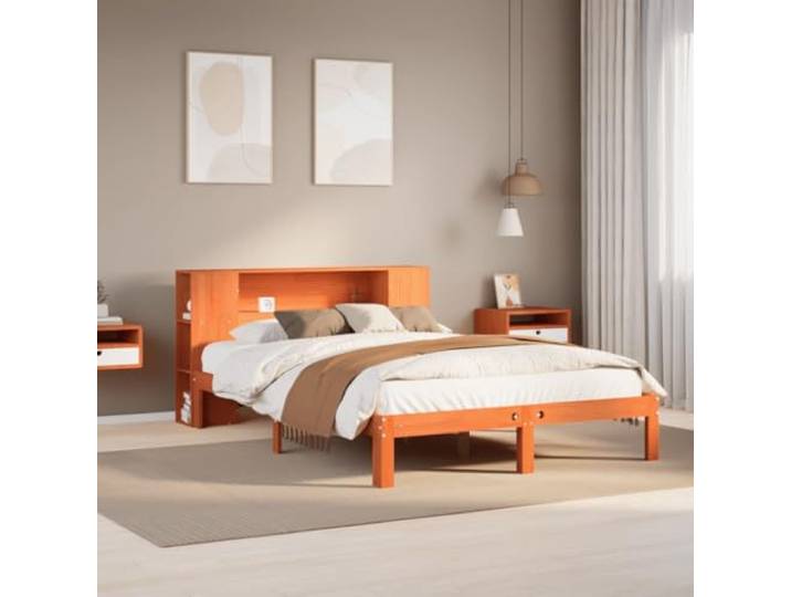 Kiefernholz Massivholzbett mit Bücherregal Lattenrost braun 140x190 cm Massivholzbett mit Regal ohne Matratze Wachsbraun 140x190 cm Bettgestell mit Buecherregal Kopfteil Stauraum Kiefernholz