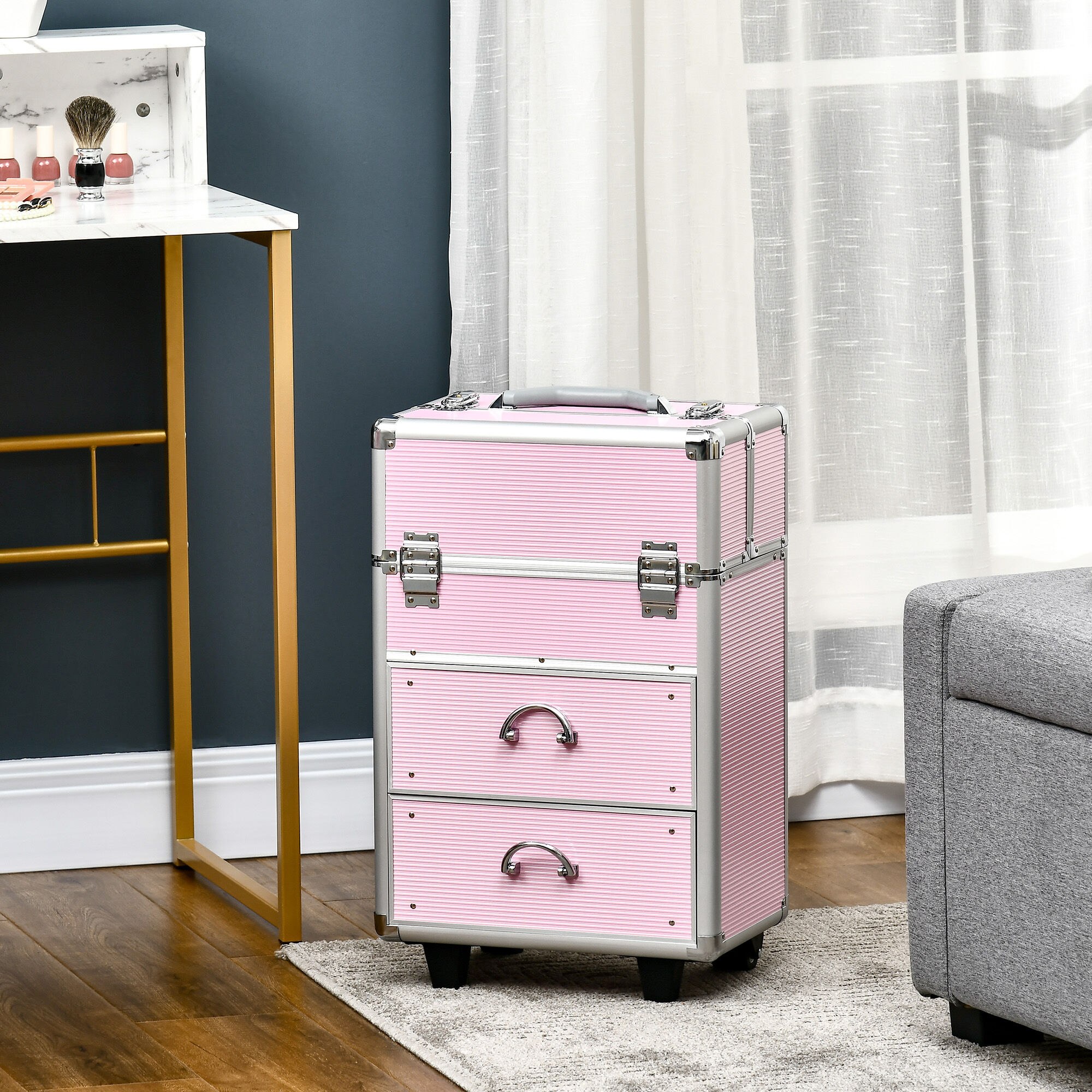 Altro Valigetta Porta Trucchi Professionale, Trolley Make Up Rinforzato Con Blocco A 2 Chiavi E Ruote, 36x23x58 Cm, Rosa