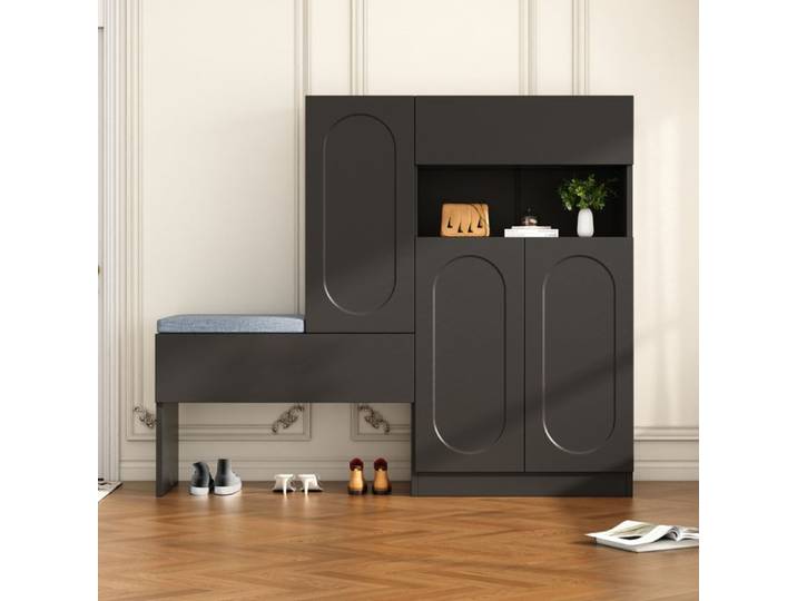 Banc à Chaussures - Novélys - 130cm - Meuble d'Entrée avec Rangement & Coussin - Portes Design Sculpté - Noir
