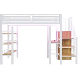 OKWISH Hochbett Metall Weiß 90x200 cm mit Schreibtisch, Regal, Kleiderschrank, LED-Lichtleisten und Steckdose