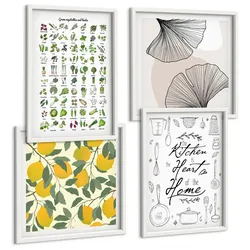 BILDER SET 4er Set - 50x50 cm & 40x60 cm Weißer Rahmen - Küchenkräuter-Zitronen-Malerei
