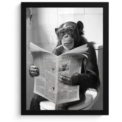 POSTER MIT RAHMEN Affe - WC - Zeitung - Schwarz-Weiß - Humor Bilderrahmen 30x40 cm